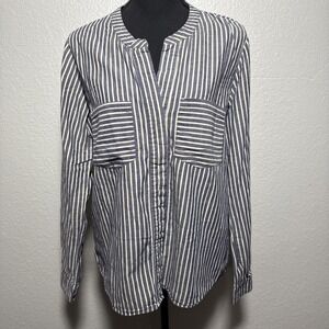 Sundance Dylan Striped Split Back Button Down Top M Blue Cotton Nautical